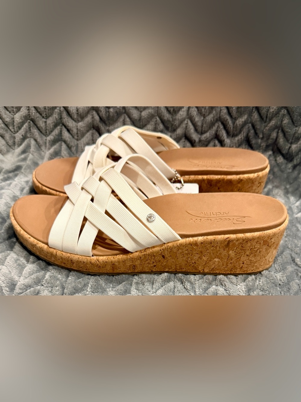 Skechers White Elastic-Strap Cork Wedge Sandals - Picture 4 of 6